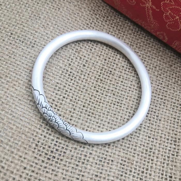 新款足银999复古艺手工手纯银手镯哑光闭口牡花丹女款民族文风定