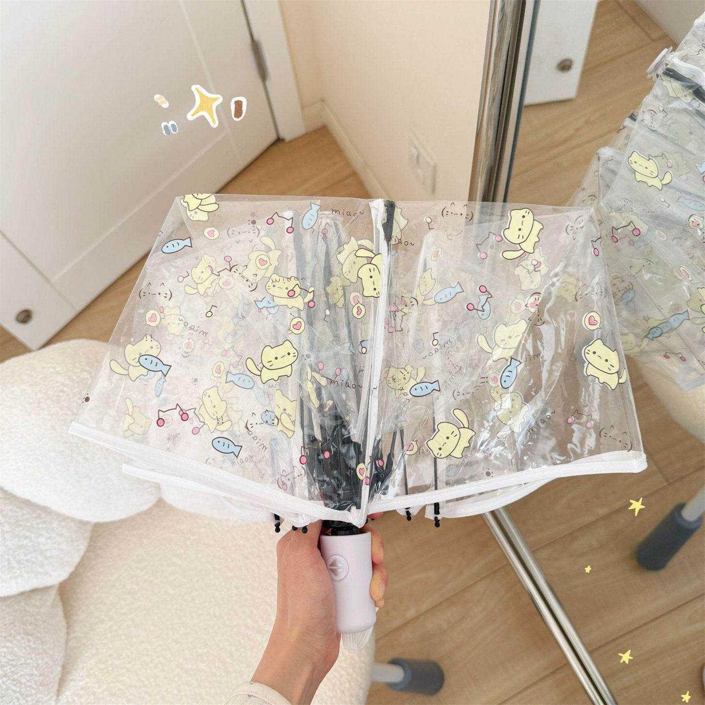小猫咪小鱼透明雨伞全自动可爱卡通学生女手动折叠伞高颜值长柄伞