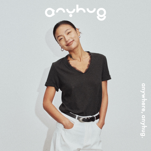 AnyHug肌肤之花棉麻V领短袖T恤女内搭夏装黑色蕾丝简约修身上衣服