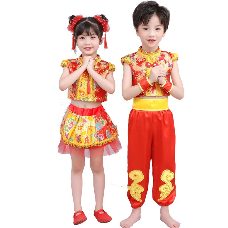 六一儿童秧歌服演出服打鼓服说唱中国红喜庆风幼儿园舞蹈表演服装