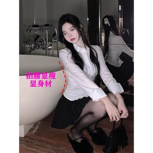 上衣 辣妹纯欲JK制服白衬衣女秋季 微胖大码 设计感褶皱收腰衬衫 修身
