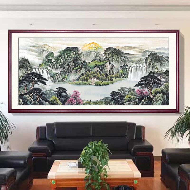 流水生财山水挂画字画办公室国画聚宝盆风景客厅沙发背景墙装饰画