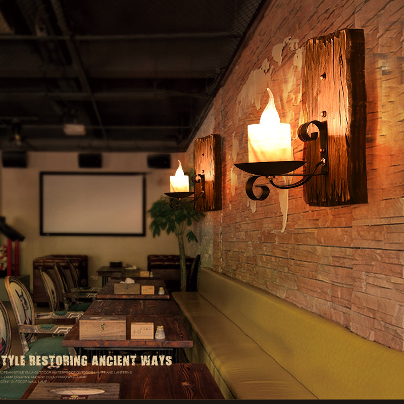 美式乡村复古怀旧实木铁艺仿古loft个性酒吧漫咖啡服装店蜡烛壁灯