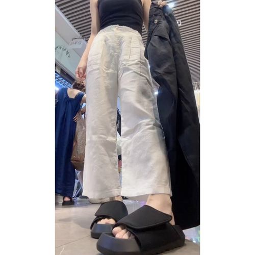 2024年夏季薄款新款白色阔腿九分休闲麻裤子女大码宽松显瘦直筒裤