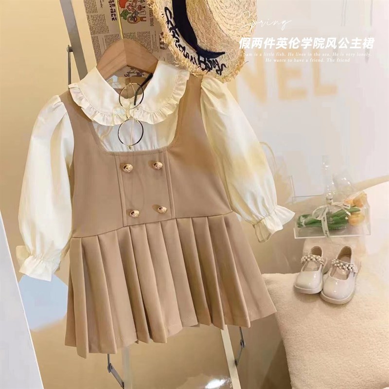 春秋季女童连衣裙2024新款儿童洋气时髦学院风JK假两件女孩百褶裙