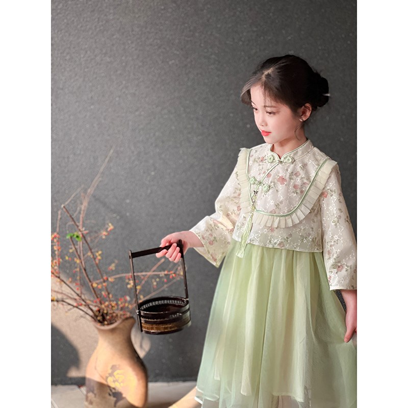 女童汉服2024春季新款儿童新中式网纱长袖连衣裙夏装宝宝古风长裙