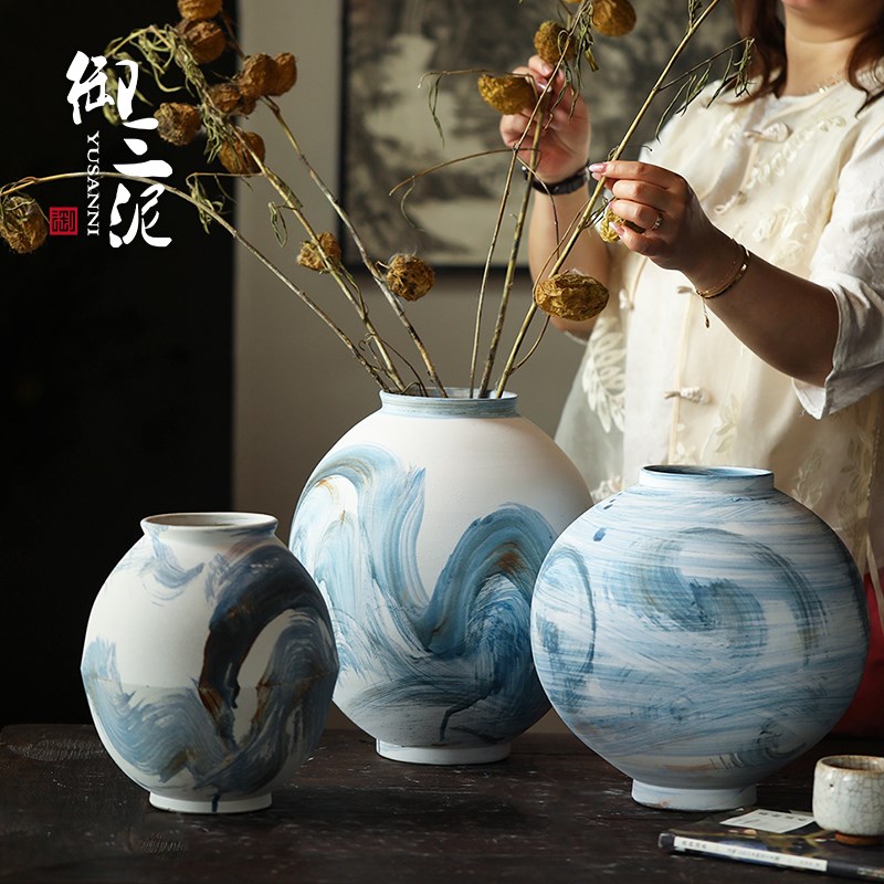 景德镇手绘水墨风中式陶瓷客厅插干花摆件花瓶可水培陶罐装饰品