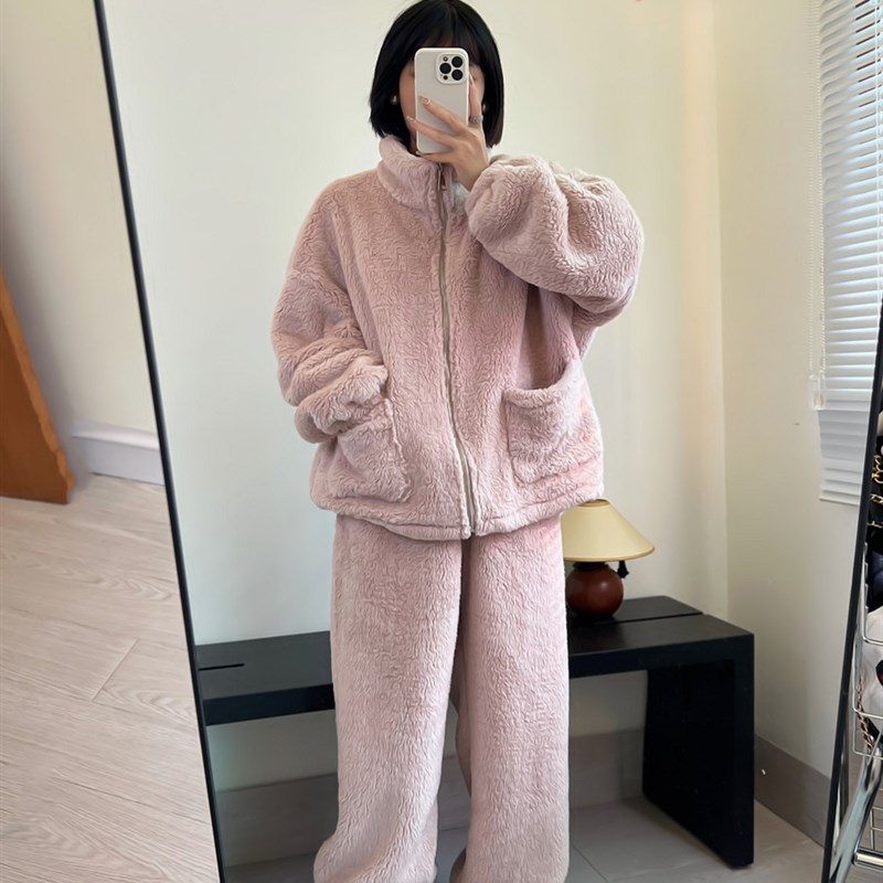 双面加绒加厚珊瑚绒睡衣女秋冬款2024新款保暖纯色居家服套装外穿