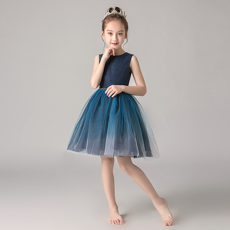 儿童礼服公主裙女童生日蓝色洋气小女孩花童主持人钢琴演出服无袖