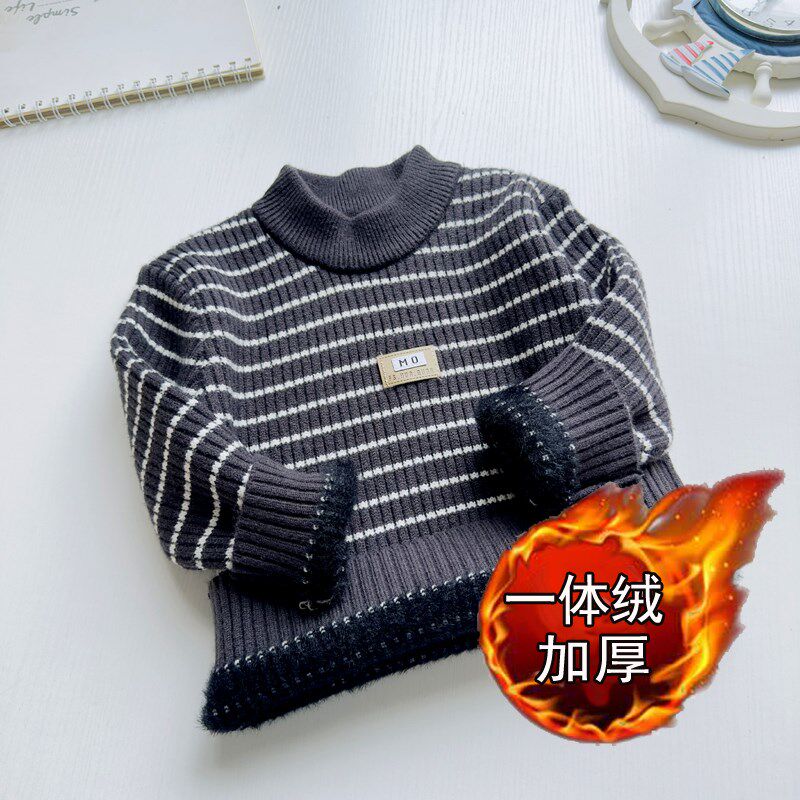 儿童一体绒毛衣秋冬装新品男童条纹加绒加厚保暖针织衫宝宝打底衫