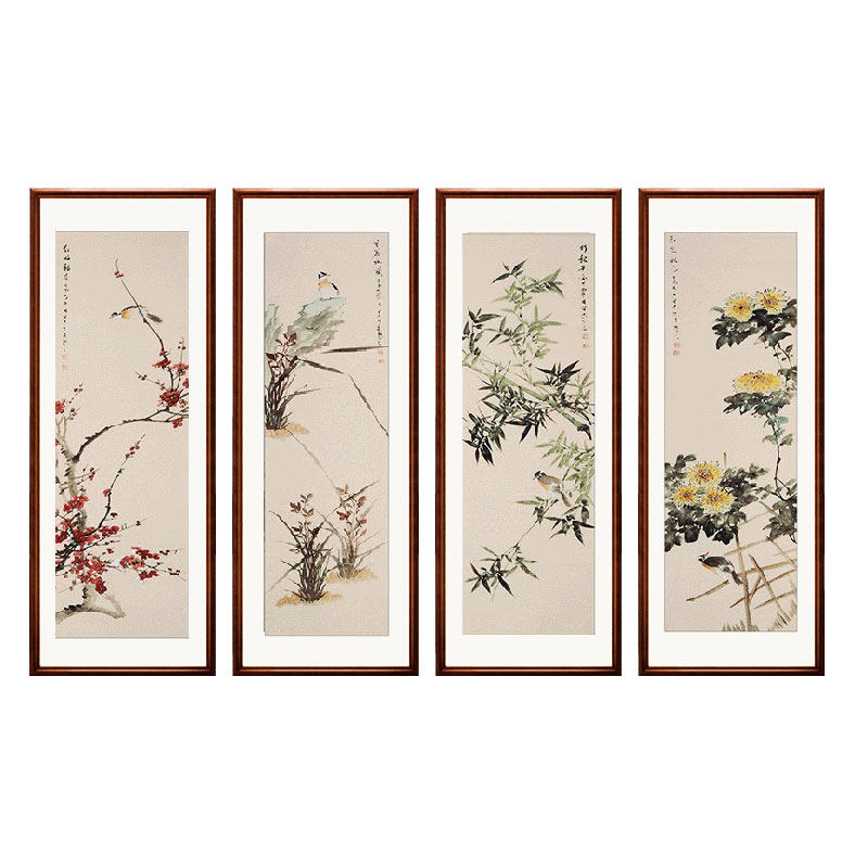 水墨梅兰竹菊四条屏花鸟挂画中式客厅沙发背景墙四联装饰国画手绘