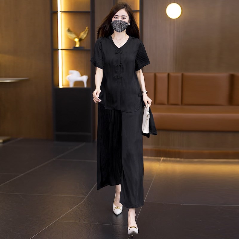 大码女装洋气短袖小衫阔腿裤新中式两件套2025夏季新款时尚套装女