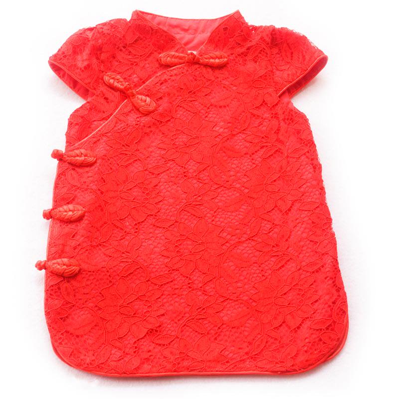 女童旗袍夏女宝宝周岁礼服女蕾丝中式儿童连衣裙中国风红色裙古筝