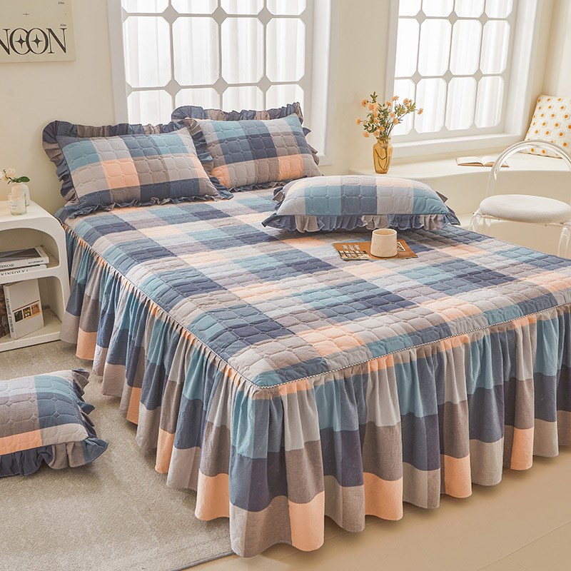 全棉水洗棉夹棉床裙单件纯棉带裙边床单防滑加厚床罩床盖四季通用