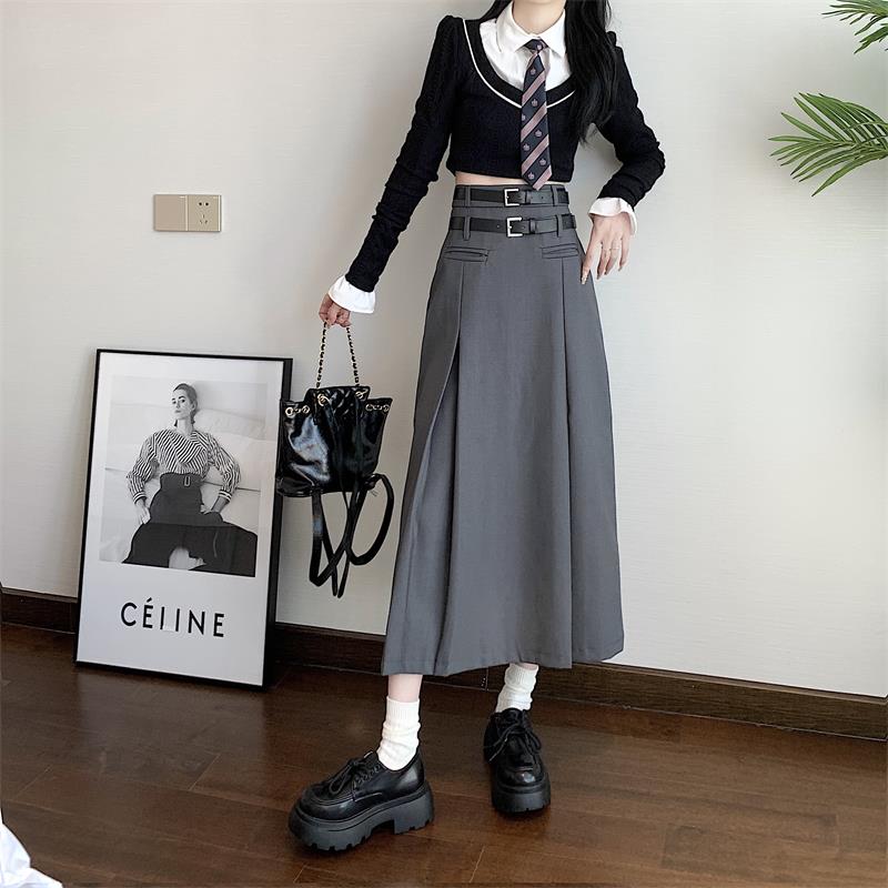 高腰设计感百褶半身裙女中长款秋冬大码梨形身材a字西装遮胯长裙