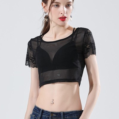 2019夏季女款蕾丝上衣短款蕾丝短袖镂空套头罩衫半截网纱打底衫女