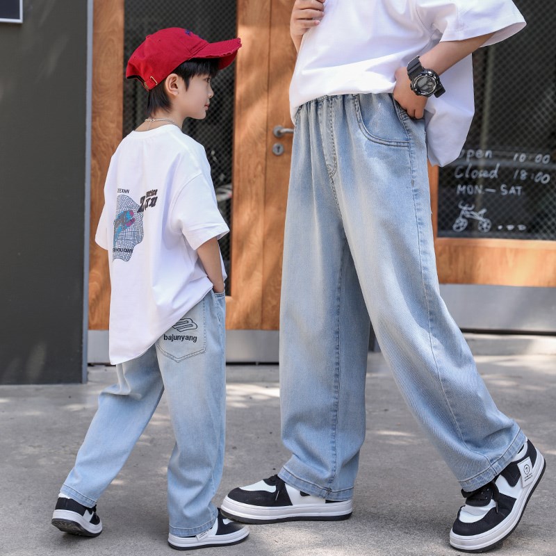 男童牛仔裤2024夏季新款中大童裤子儿童长裤男孩休闲阔腿裤软直筒