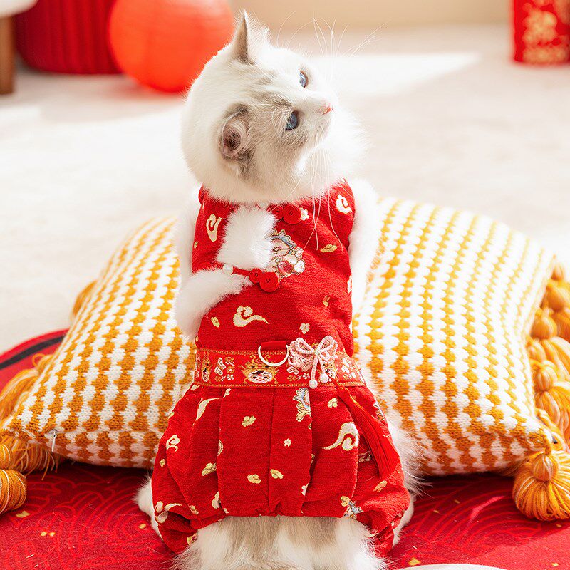 新年唐装小猫咪宠物过年衣服秋冬季加绒狗狗泰迪比熊喜庆拜年棉衣