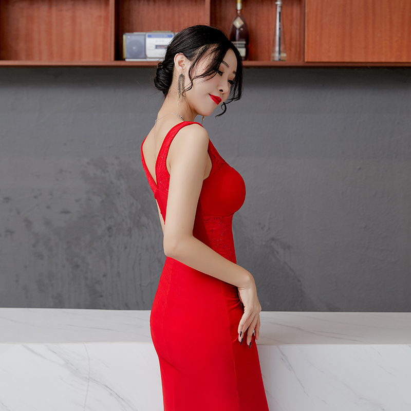 性感晚礼服修身显瘦女士礼服长款鱼尾低胸气质高开叉连衣裙宴会装