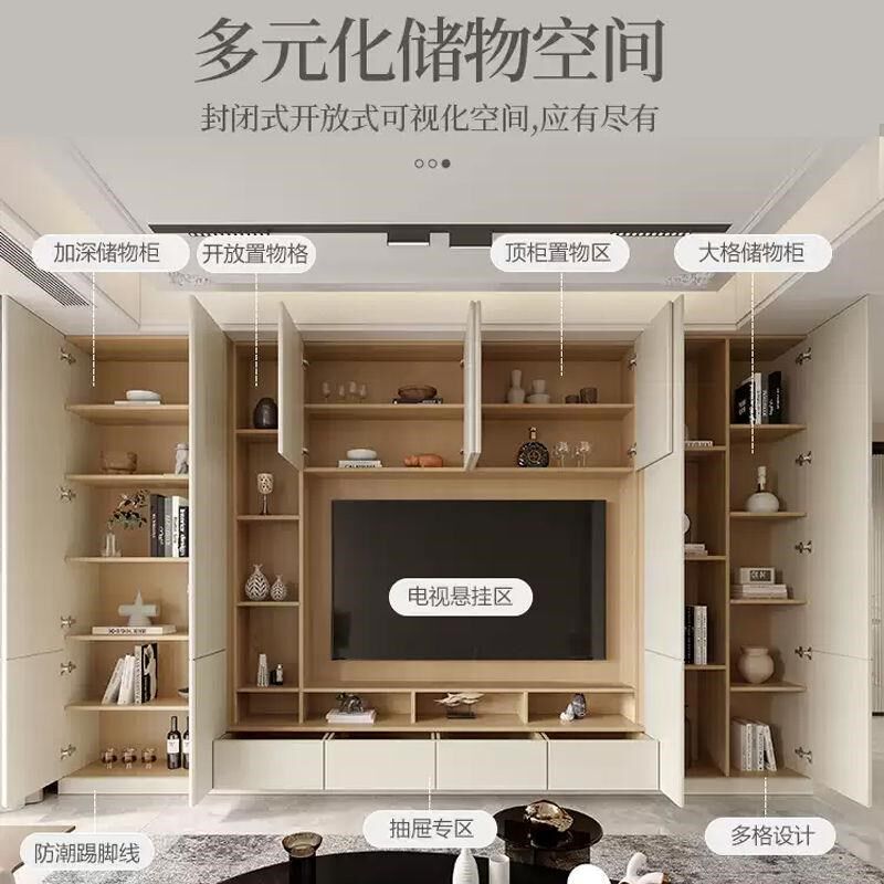 新款电视墙柜组合整套背景墙一体柜客厅满墙实木储物网红定制橱柜