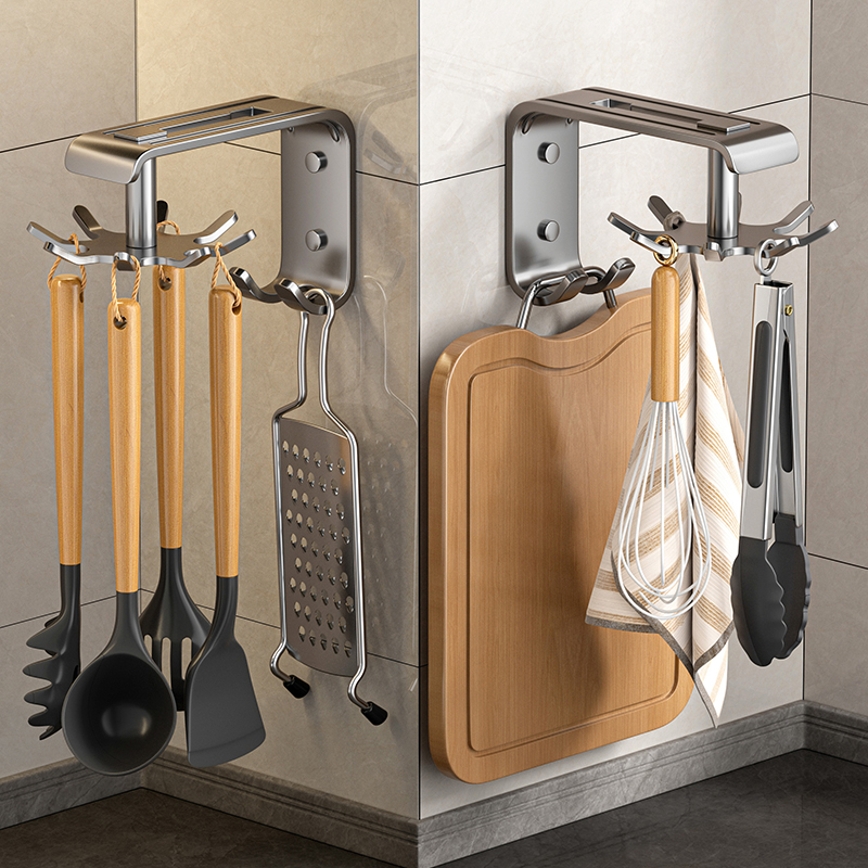 枪灰厨房旋转挂钩免打孔壁挂置物架锅铲菜板挂架粘胶强力墙上免钉