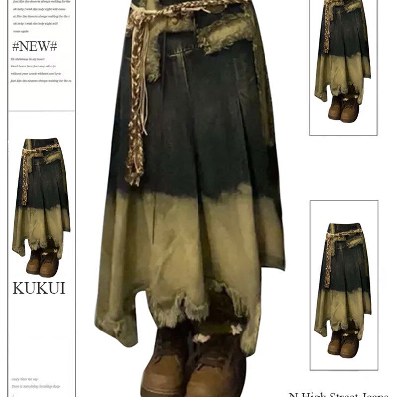 美式设计感做旧毛边牛仔半身裙女秋冬复古宽松显瘦中长款A字裙子