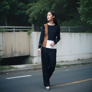 23qu黑色羊毛呢直筒长裤高腰松紧腰阔腿裤西装裤子女秋冬款高级感