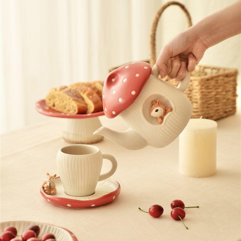 YOOFUN少女心红蘑菇陶瓷下午茶具套装家用茶壶马克杯可爱甜品杯碟
