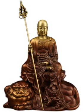 彩绘纯铜地藏王菩佛像九华山地藏菩萨像供奉家用娑婆三圣铜像摆件