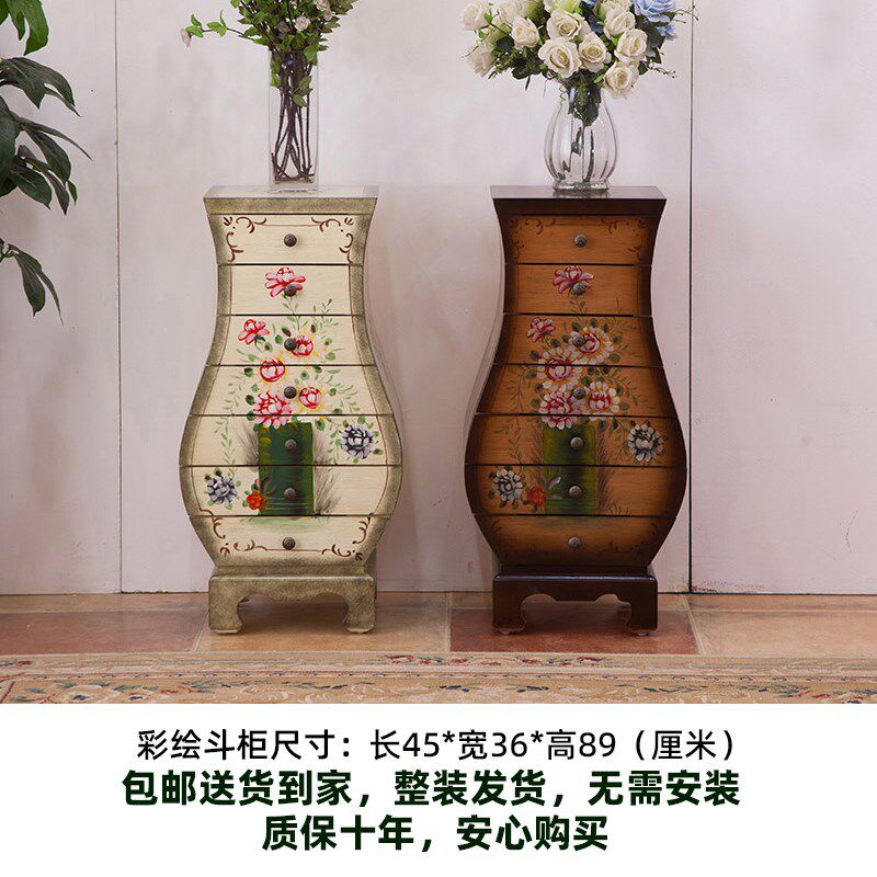 美式彩绘花瓶柜客厅门厅储物柜复古七斗柜卧室实木床头柜装饰柜子