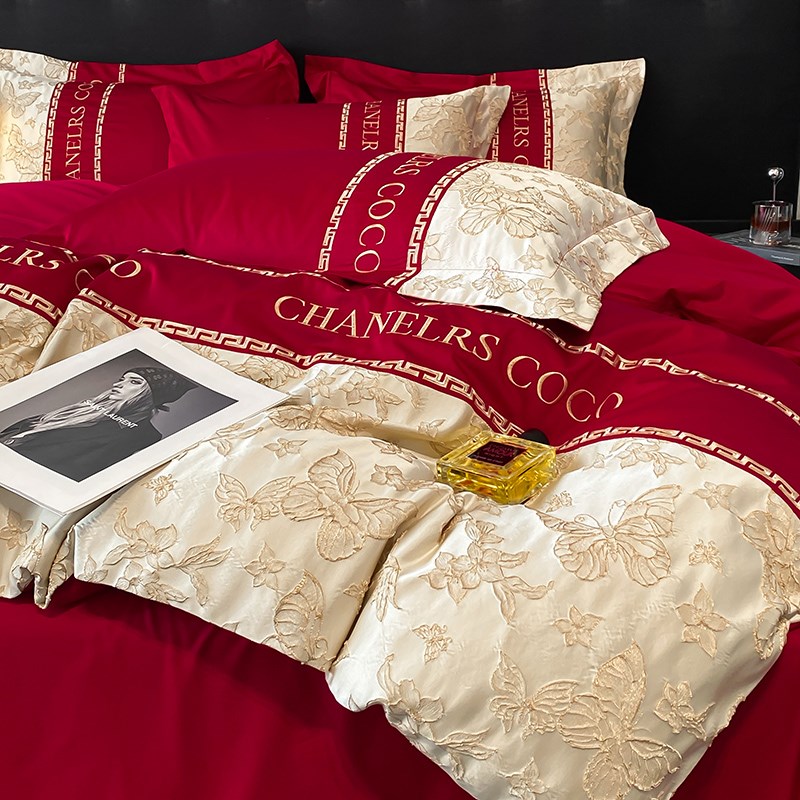 高档中式简约婚庆四件套大红色床单被套纯棉结婚床上用品婚房喜被