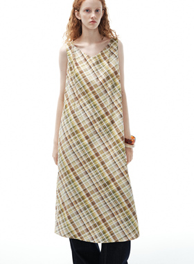 Sayhitotomato棉挺阔设计感肩带可调节黄格纹吊带背心吊带连衣裙