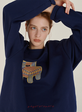 Sayhitotomato【复古沙发】印花圆领宽松舒适休闲简约薄绒卫衣