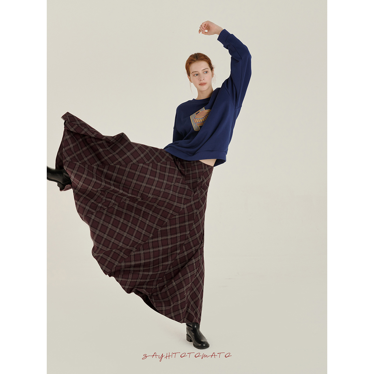 Sayhitotomato分割拼接格纹复古显瘦A伞裙大摆气质过膝半身裙