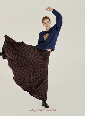 Sayhitotomato分割拼接格纹复古显瘦A伞裙大摆气质过膝半身裙