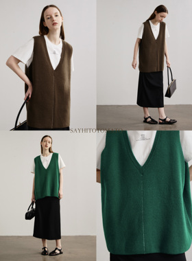Sayhitotomato经典V领Oversize宽松撞色线羊毛背心毛衣