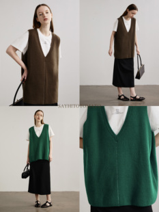 Sayhitotomato经典 V领Oversize宽松撞色线羊毛背心毛衣