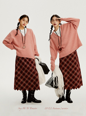 Sayhitotomato【去过圣诞节】秋冬红格纹斜裁三角毛边显瘦半裙