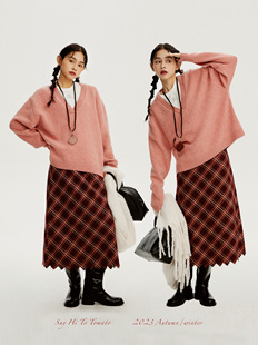 Sayhitotomato 秋冬红格纹斜裁三角毛边显瘦半裙 去过圣诞节