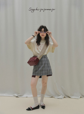 Sayhitotomato重磅露口袋拼色甜酷通勤复古格纹纯色拼半身裙短裙