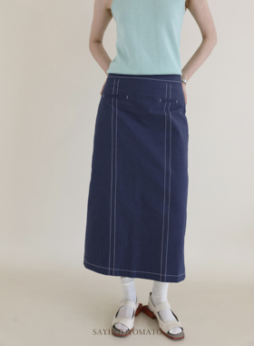 Sayhitotomato[海岛邮差]肌理感面料明线撞色百搭直筒开衩半身裙