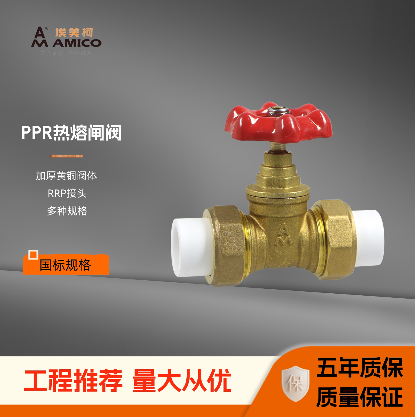 埃美柯PPR热熔闸阀自来水开关阀门表前水管冷热阀黄铜双活接7650