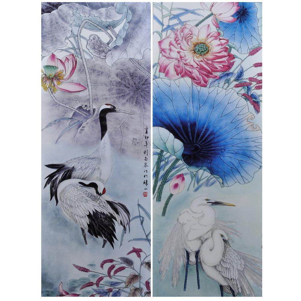 景德镇陶瓷瓷板画粉彩荷花鸟四件套屏风挂画客厅书房壁画