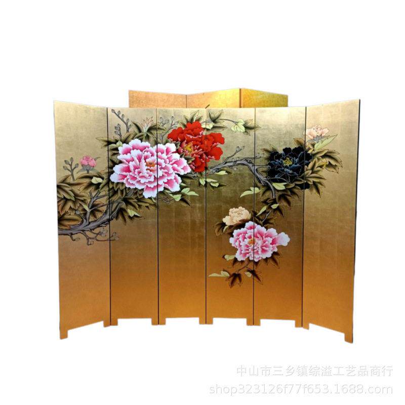 金箔手绘花开富贵中式客厅公室会议室酒店背景隔断移动端屏风