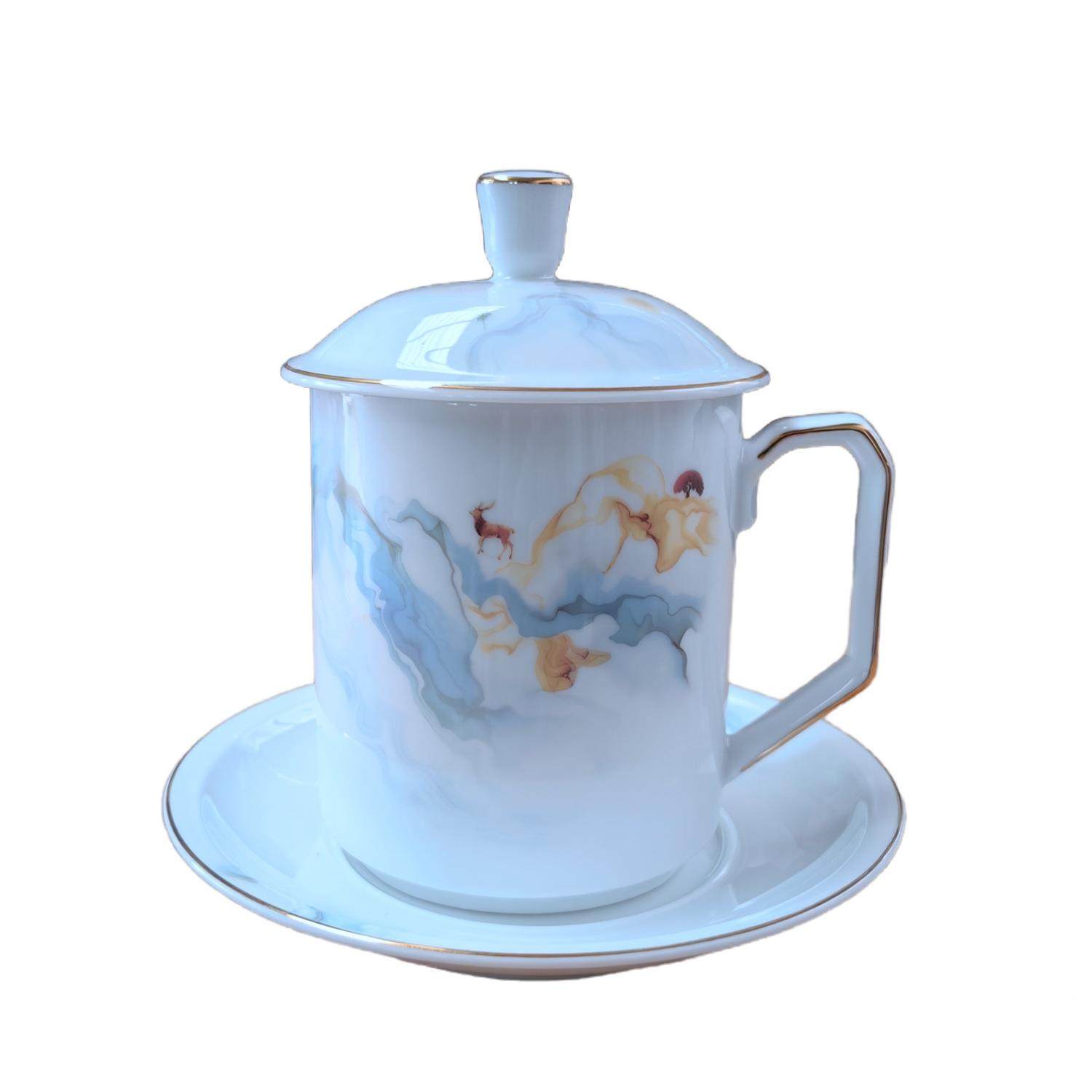 景德镇陶瓷杯花珐鸿运杯琅彩办公室杯带茶盖碟泡茶杯家用高白青泥,餐饮具,茶杯,淘宝优惠券,粉丝福利购,淘宝优惠卷