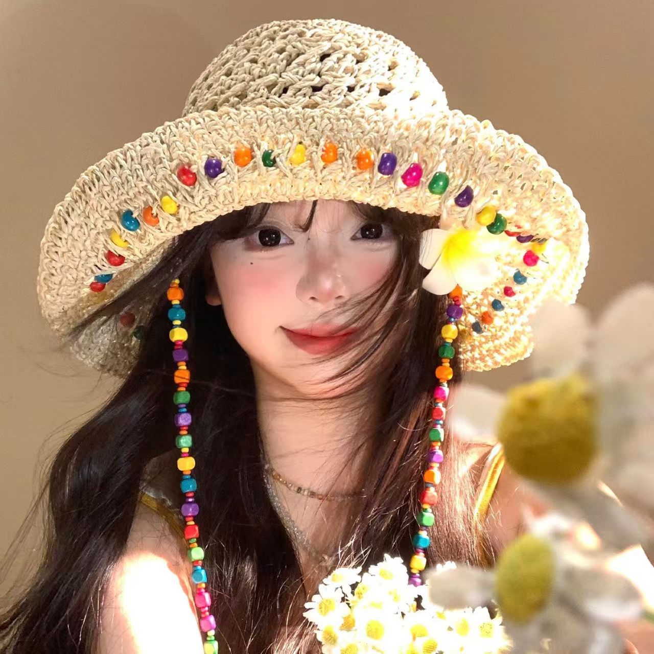彩色珠子女草帽可折叠田园风手工