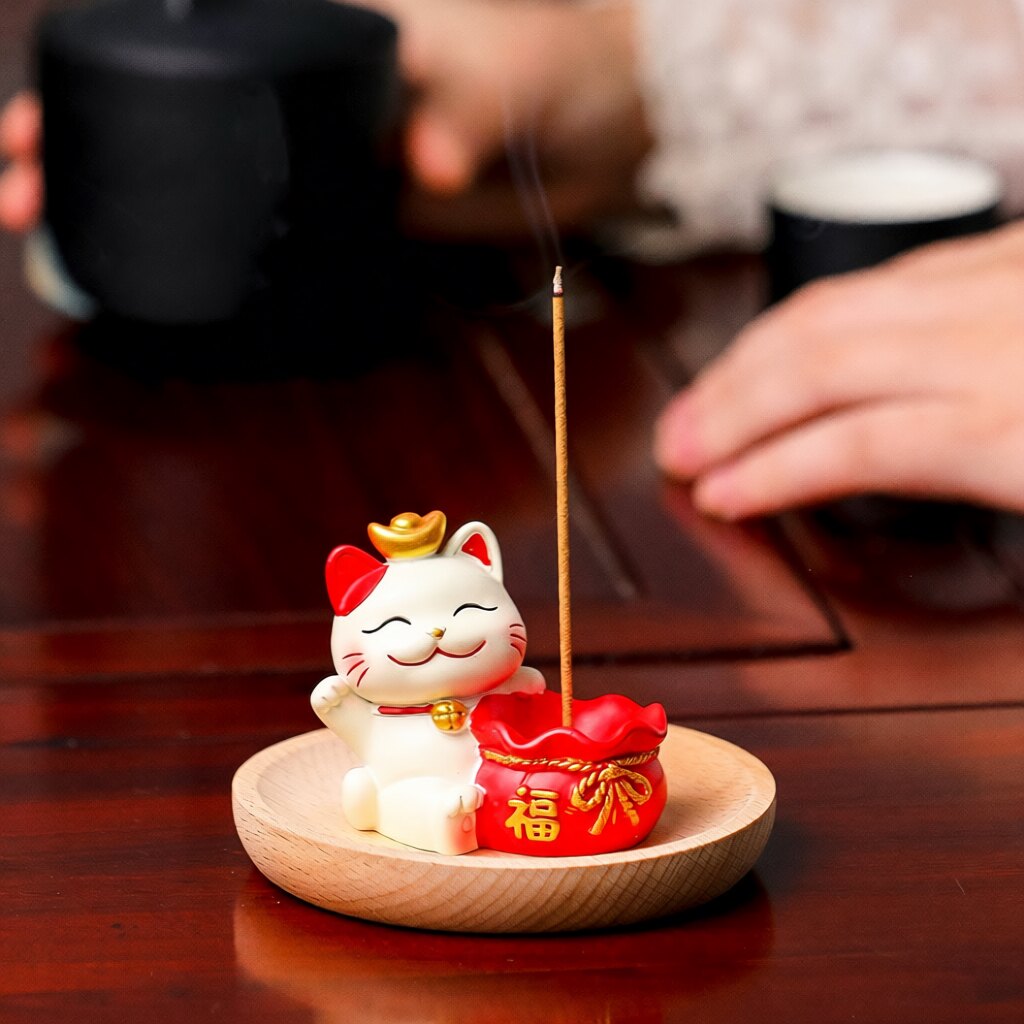 可爱招财猫禅意香炉竹木托盘香插
