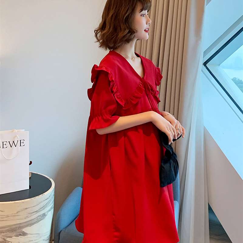 新款孕妇连衣裙夏季结婚礼服敬酒服宽松遮肚雪纺裙小个子夏装红色