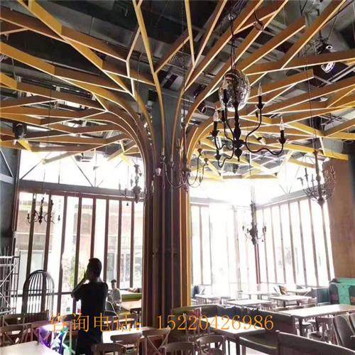 定制铝合金室内装饰立面造型仿铝树木纹转印型材拉弯铝方管格栅顶