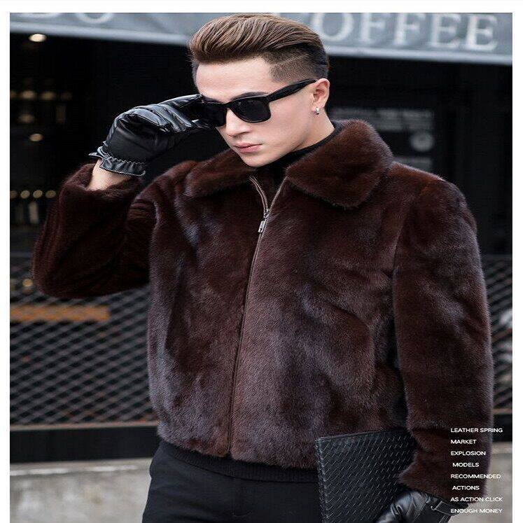 밍크 코트 남성 HAINING 모피 겨울 밍크 브라운 후드 스탠드 칼라 밍크 모조 밍크 코트 전체 밍크 옷깃